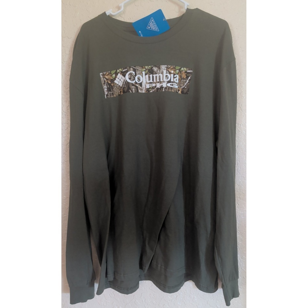 Columbia Mens 2XL PHG Camo Olive Green Long Sleeve Pullover Front Logo Shirt